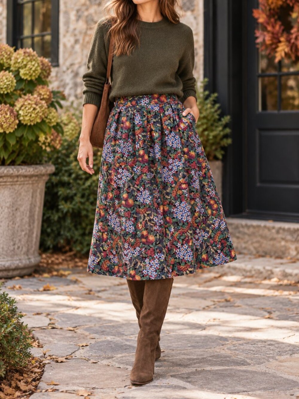 Vintage L.L. Bean Floral Cotton Corduroy Pleated Midi Skirt Size 6 Petite